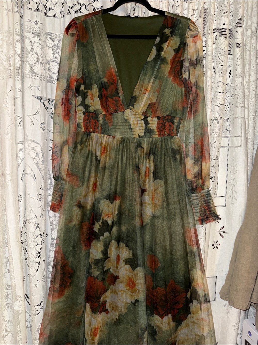 Baltic Born Olive Green Floral V-Neck Long Sleeve Dress